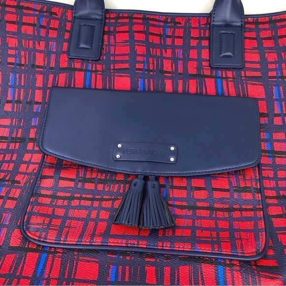Very Bradley Red Blue Linear Graphic Double Handle Like New Travel Tote - Picture 5 of 16